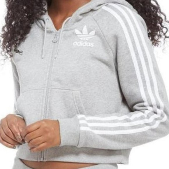 adidas Tops - Adidas CROP FULL-ZIP LOUNGEWEAR HOODIE Grey Stripped Size xl